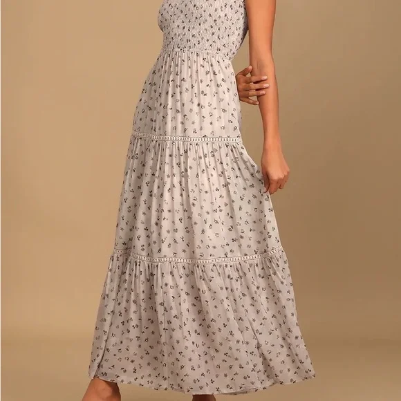 Taupe Floral Print Tie-Strap Smocked Dress - Picture 2 of 5